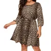 Plus -klänningar Kvinnor Leopard Crew Neck Print 3/4 Sleeve Spring Summer Casual Short Mini Dress Daily for Woman Fashion