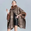Women's Fur Faux Women Hooded Capes Patchwork Knitted Cloak Thick Warm Office Lady's Plaid Poncho Outerwear Jacket Loose Coats 231118