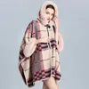 Women's Fur Faux Women Hooded Capes Patchwork Knitted Cloak Thick Warm Office Lady's Plaid Poncho Outerwear Jacket Loose Coats 231118