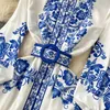 Casual Dresses New Fashion Runway Red and White Porcelain Dress Women's Stand Long Lantern Sleeve Blue Floral Print Shirt Robe Vestidos 2024