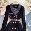 Sıradan Elbiseler Pist Sonbahar Kış Lüks Kadınlar Tüvit Takım Yaka Uzun Kollu Elbise Zarif Çift Kruvaze Siyah Vestidos