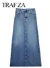 Rokken rok denim biru celah depan wanita trafza midi fly ritsing ramping pinggang tinggi saku 2023 streetwear kasual musim semi 230418