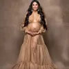 Khaki Long Sleeve Maternity Dresses Boho Illusion Floor Length Prom Gown Maxi Dress Tulle Photoshoot Boudoir Lingerie