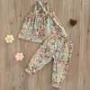 Roupas põe roupas de calça de calça infantil de garotas de verão sem dormir calças florais sem costas de volta itens de bebê 1 a 5 anos