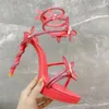 모조 다이나 스톤 스네이크 스트라스 스틸레토 샌들 레네 카오 빌라 클레오 9.5cm 이브닝 신발 여성 하이힐 발목 랩 어라운드 럭셔리 디자이너 공장 신발 43