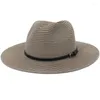 Bérets HT3588 printemps été chapeau de soleil ceinture en cuir large bord casquette de plage hommes femmes Panama mâle femelle paille Fedoras