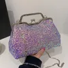 حقائب سهرة مصمم العلامة التجارية الصغيرة قذيفة شل مقطع Crossbody Prom Clutch Women Sequin Bling Mental Handbags Chain