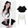 Two Piece Dress 2023 Summer Off Shoulder White Crop Top Women's Black Mini Pleated Skirt Cute 2 Outfits For Shorts Set Women Shirts 230419