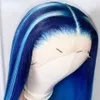 Pelucas frontales de encaje azul resaltado recto peluca de cabello humano para mujeres peluca frontal de encaje completo sin pegamento brasileño resistente al calor sintético