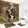 Douchegordijnen Grappige Koe Badmatten Set Vintage Houten Deur Boerderij Dier Herfst Zonnebloem Badkamer Decor Antislip Wc deksel Tapijten