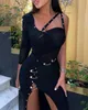 Casual jurken sexy dames zomer asymmetrische pin decor high spleet bloeilijn met lange mouwen uitsparingen bodycon feestjurk 230419