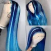 Perruque de cheveux humains bleus avec stries bleu clair colorées droites surlignées perruques avant en dentelle transparente pour les femmes noires synthétiques résistantes à la chaleur