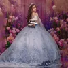 Bleu ciel Sweet 16 Quinceanera Robe avec Cape 2024 Hors Épaule Papillon Appliques Arc Princesse Robe De Soirée Robes De 15 Anos