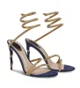 Сандалии на каблуке на каблуке для женской обуви Rene Caovilla Cleo Crystal Crystal Snake Strass обувь роскошные дизайнеры Angle Wraparound Fashion 9,5 см высотой сандалий на каблуках 35-43
