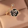 Band Rings Korean Black Rose Shaped Metal Opening Rings for Woman Girls Fashion Luxury Zircon Adjustable Index Finger Rings Jewelry Party