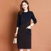 Casual Dresses Autumn Dress Women Knitting Sweater O-Neck Långärmning Knärlängd Patchwork Pocket Decoration Slim Female Clothes 230419