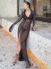 Casual Dresses Sexy V-Ausschnitt Schwarz Perspektive Rüschenkleid für Frauen Sommer 2023 Elegante Langarm Split Party Maxi Vestidos A1942 230419