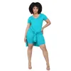 J2473 été femmes deux pièces robe nouveau coton couleur unie short à manches courtes costume