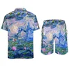 Survêtements pour hommes Purple Floral Design Vacances Hommes Ensembles Claude Monet Célèbre Peinture Chemise Casual Ensemble Short D'été 2 Pièces Costume Rétro Big