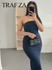 Casual jurken trafza dames elegante denim jurk strapless rug rits sleuf jurken zomer vrouw uit schouder backless denim lange jurk 230419