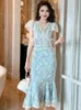 Basic Casual Dresses Gentle Noble Luxury Long Dress Women Elegant Sheer Lace Embroidery Bubble Sleeve Pearl Hip Wrap Fishtail Robe Party Fiesta Host 2024