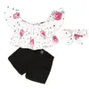 Completi di abbigliamento Hooyi Camicia da bambina con spalle scoperte Top a tubino pieghettato Pantaloncini di jeans neri Fascia T-shirt floreale a pois rosa Pantaloni corti di jeans