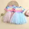 Girl Dresses Toddler Girls Summer Dress Striped Mesh Patchwork Round Neck Short Sleeve For Kids 18 Months To 6 Years