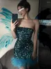 Casual Dresses Women's Chic Sequins Slash Neck Mini Dress Lady Sexy Glitter Sleeveless Bodycon Ostrich Hair Party Short Vestido