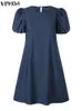 Casual Dresses Vonda Fashion Female Casual Pleated Denim Mini Robe Oversize Women Short Puff Sleeve Sundress Holiday Party Tunic A-Line Dress 230419