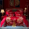 Beddengoed sets Chinese stijl luxe bruiloftset Egyptisch katoen goud loong Phoenix borduurwerk kwastjes dekbedoverkap bed bladkussencases
