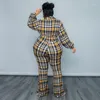 Nya byxor plus storlek kvinnorkläder Autumn Fashion Casual Puff Sleeves Plaid Printing Lapel Ladies Jumpsuit XL-5XL Overdimensionerad