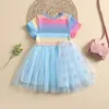 Girl Dresses Toddler Girls Summer Dress Striped Mesh Patchwork Round Neck Short Sleeve For Kids 18 Months To 6 Years