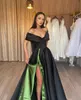 Elegant Black A Line Prom Dresses Long for Women Off Shoulder V Neck High Side Split Satin Formal Wear Special Occasion Birthday Pageant Evening Gowns