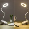 Tischlampen LED-USB-Lampe zum Anklemmen, flexibel, dimmbar, ringförmiges Design, wiederaufladbarer Speicher, Nachttischlampe, Schule, weiß