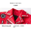 Women's Pu Leather Jackets Graffiti Floral Letter Print Punk Motorcycle Biker Zip Rivet Chains Waist Woman's Coats Contrast Color Outerwear 6957