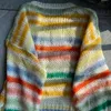 Women's Sweaters Rainbow Embroidery Scissors Striped Women Knitted Sweater Hollow Niche Design Women's Loose Casual Pullovers Knitwear Tops 231118