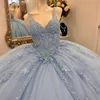 Sky Blue Shiny Tulle Ball Gown Quinceanera klänningar Applices Lace Birthday Party Mexikanska flickor Vestidos de 15 Anos