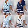 Kvinnors tvåbitar byxor Summer 2st Women Tracksuit Boat Anchor Print Shirt Shorts Set Spring Elegant V Neck Pullover Ladies Sportwear Suits Pocket 230418