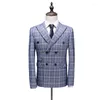 Men's Suits Men's Suit Business Casual Professional Wear 3-piece Blazer Pants Vest Blue Checked Double-breasted