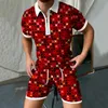 Mens Tracksuits Summer Plaid Print Zipper Polo Shirt Kort ärm T Shorts 2 -stycken Set kausala shorts Streetwear Men Casual Tracksuit 230418