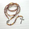 Hänghalsband qigothe strand radband lila kristallpärlor kors halsband långa katolska smycken för kvinnor