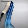 Niebieska ludzka peruka włosów z jasnoniebieską smugą prosta podświetlenie przezroczyste koronkowe peruki dla czarnych kobiet syntetyczne ciepło odporne na ciepło