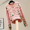 Femmes tricots t-shirts fleur tridimensionnelle simple boutonnage épais tricoté pull femme tricot Cardigan manteau femmes rose chandails carte d'hiver