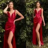 2024 Sexy Longue Robe De Bal Rouge Bretelles Spaghetti Col En V Haute Fente Soie Satin Femmes Soirée Formelle Robes D'anniversaire Robe De Soirée Robes De Fiesta