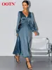 Robes Décontractées OOTN Élégant Lanterne Manches Bleu Robe Longue Femmes Sexy Mode Satin Col En V Robes Solides Casual Mince Mi-mollet Robe Femme 230419