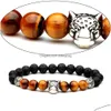 Beaded Mens Natural Black Lava Rock Beads Leopard Head Charm Bracelet 8Mm Drop Delivery Schmuck Armbänder Dhfxr