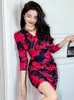 Casual Jurken Damesmode Franse Retro Mini-jurk Dames Print Elastisch Lange mouwen Geplooid Wikkelheup Korte jurk Onderkant Bodycon Feestjurk 2024