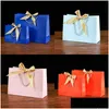 Gift Wrap Bow Square Bottom Packaging Bag Pure Color Silk Ribbon Handväskor Pappersförpackning Paket Party Colourf Charm 2 3KZ N2 Drop D DHHMC