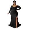 Plus Size Dresses Women's Sexy V-Neck Maxi Elegant Party Nightclub Mermaid Dress Lady Solid Split Floor Long Evening