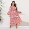 Plus -klänningar Spring Long Floral Dress 2023 Sexig V Neck Böhmen Lace Patchwork Lantern Sleeve Large Women Party